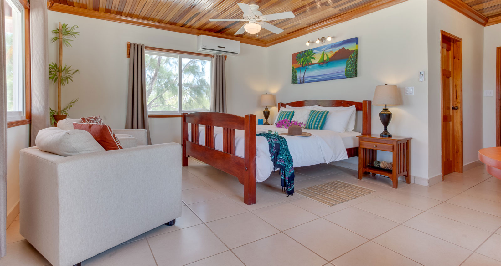 The interior of one of the Standard Belize beach cabanas along the waterfront at Coco Plum Resort.