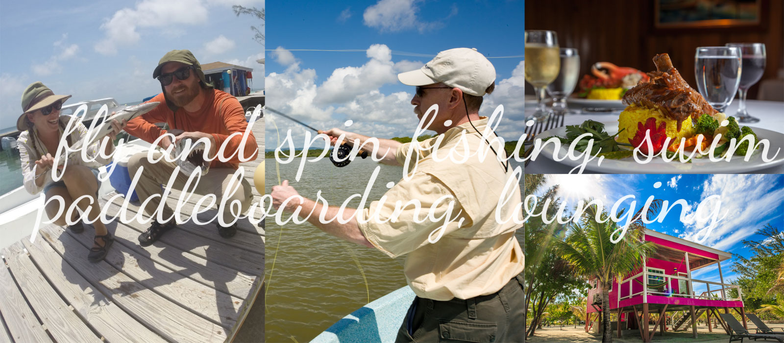 A collage of the items available in the Belize all inclusive fishing packages offered at Coco Plum Caye resort.