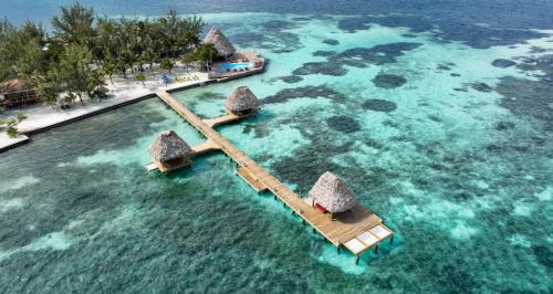 Aerial view of overwater thatched huts and wooden piers in clear blue water