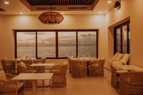 Restaurant dining room at dusk.