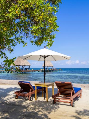 Lounge chairs and umbrella ocean view