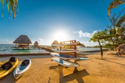 Paddleboards and  kayaks at sunset
